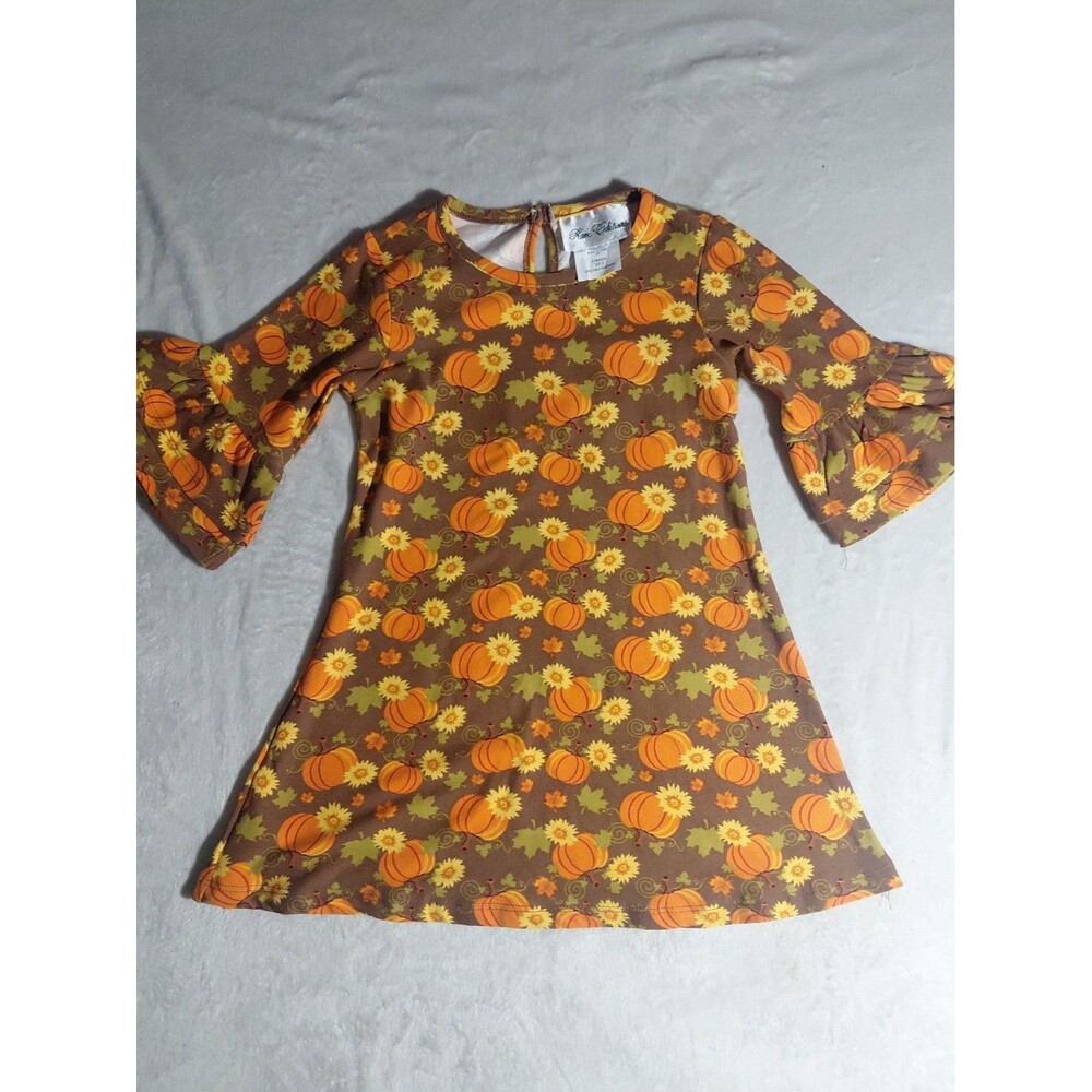 Halloween Pumpkin Leaves Fall 2T 3/4 Ruffled Sleeve Dress Seasonal